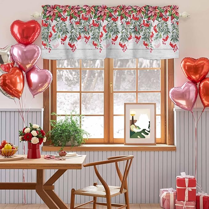 Poinsettia Berry Valance Curtains for Kitchen, Red Floral Winter Plants Vintage Wood Grain Privacy Rod Pocket Valance Curtain, Light-Filtering Window Treatment for Bedroom Bathroom, 54"x18"