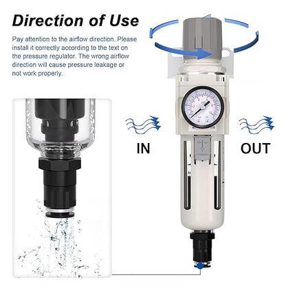 3/8"NPT Air Filter Regulator Combo Piggyback,5 Micron Brass Element, Auto Drain,Air Pressure Regulator AW3000-03,0-150 psi Gauge