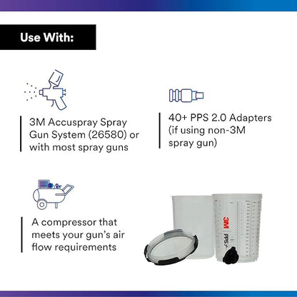 3M PPS 2.0 Spray Gun Cup, Lids and Liners Kit, 26024, Large, 28 Ounces, 200-Micron Filter, Use for Cars, Furniture, House and More, 1 Paint Cup, 50 Disposable Lids and Liners, 32 Sealing Plugs