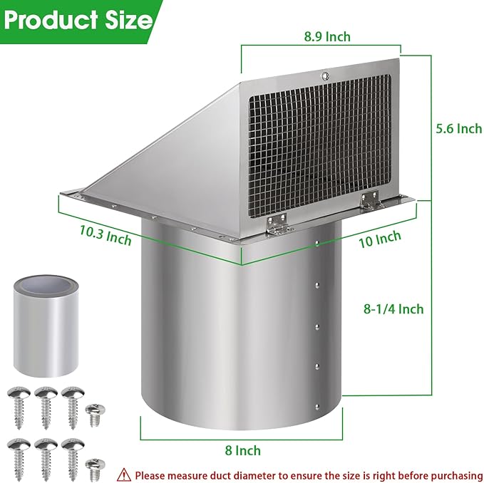 8 Inch Wall Vent,Hooded Wall Vent with Screen and Damper,Outdoor Wall Exhaust Vent Cover Exterior Wall Mount Cap for Kitchen Range Hood HVAC Duct Dryer Air Ventilation,Stainless Steel