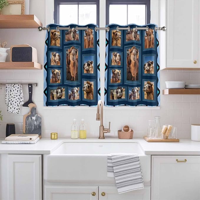 2 Panel Kitchen Cafe Curtains, Desert Camels Sunlight Filtering Nature Air Through, Home Decor Window Covering Tier Curtains for Living Room 104W x 52L inch Wildlife Brown Animals Blue Geometric