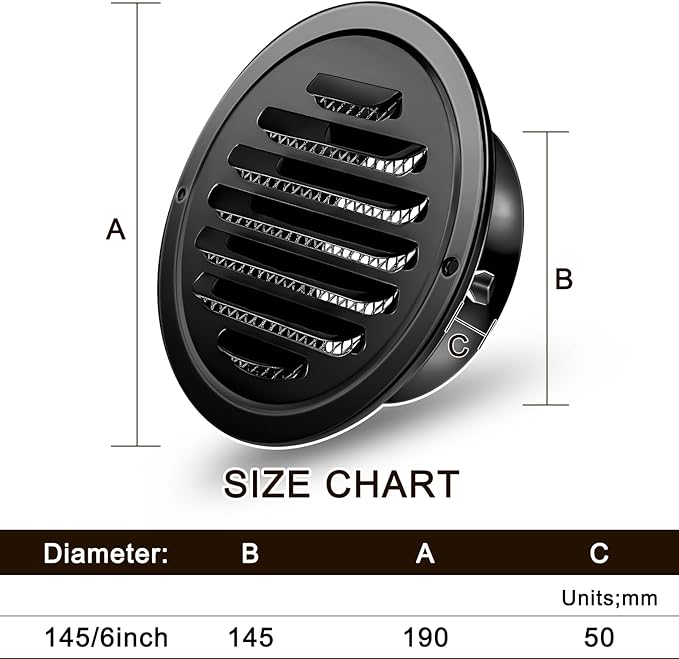 Zonon 8 Pcs Stainless Steel Soffit Vents 6 Inch Round Dryer Vent Cover with Mesh Screen for Home Outdoor Bathroom Wall Ceiling Outside Exterior Exhaust Black