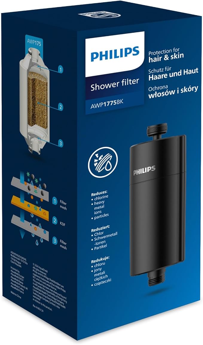 Philips Water in-Line Shower Filter, 50 000 L Filtration Capacity, Black, Reduces Chlorine by up to 99%, Easy to Install, fits All Standard Hoses and taps