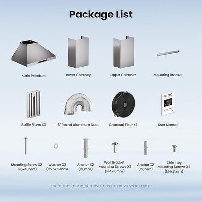 Wall Mount 36 Inch Range Hood 900 CFM, Ductless/Ducted Convertible Kitchen Hood, 3-speed Gesture Sensing & Touch Control, Stainless Steel Kitchen Vent Hood with Permanent Baffle Filters