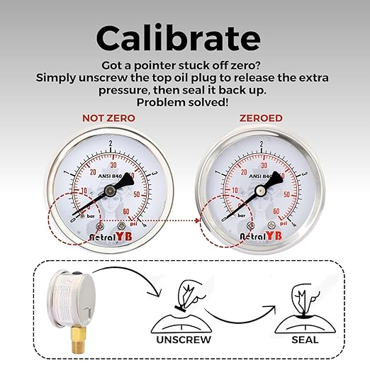 Glycerin-Filled Pressure Gauge,Brass Internal 2-Inch Gauge, Stainless Steel, 1/4" NPT Lower Mount (0-100Psi 2 Pack)