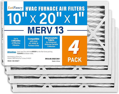LotFancy 10x20x1 Air Filter MERV 13 4-Pack, Electrostatic Pleated HVAC Furnace Air Filter, Captures Pet Dander Smog Smoke, Actual Size: 9.75"x19.75"x0.75"