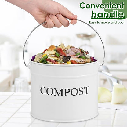 Kitchen Compost Bin 0.8 Gallon Metal Countertop Compost Bin with Lid and Handle, Smell Resistant Indoor Waste Bucket for Food Waste(White,1)
