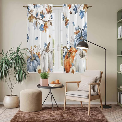 Navy Blue Pumpkin Fall Window Curtains 63 Inch Long 2 Panel Set, Rod Pocket Bedroom Curtains & Drapes, Thanksgiving Maple Leaves Branches Light Filtering Window Treatment for Living Room 42"W x 63"L