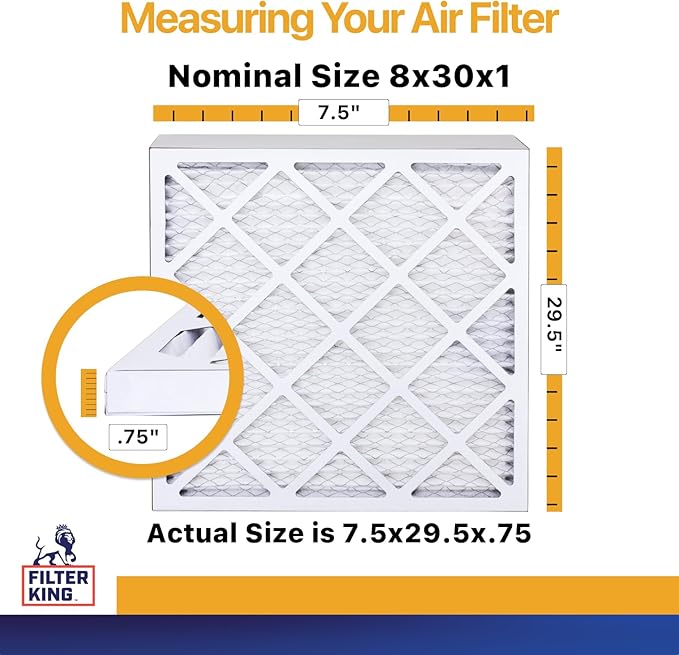 Filter King 8x30x1 Air Filter | 12-PACK | MERV 13 HVAC Pleated A/C Furnace Filters | MADE IN USA | Actual Size: 7.5 x 29.5 x .75"