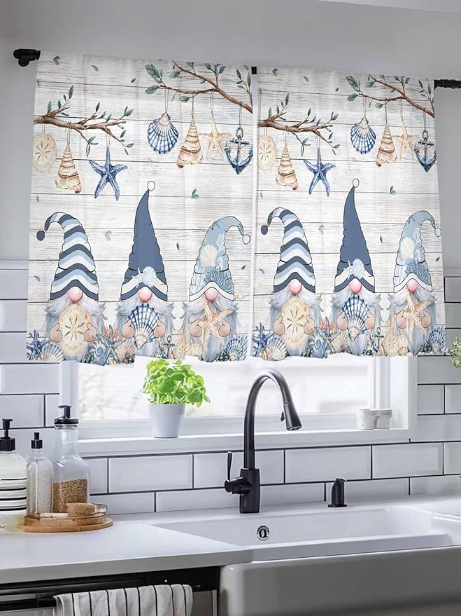 Sheer Curtains 45 Inch Length, Coastal Eucalyptus Semi Sheer Curtains Light Filtering Window Treatment, Ocean Blue Gnomes Starfish Leaf Wood Grain Privacy Voile Drapes for Living Room 52x45 Inch