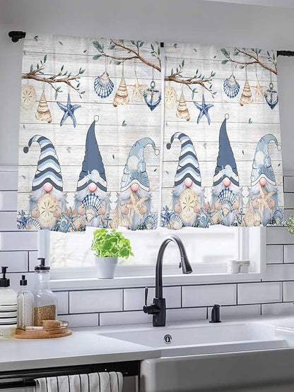 Sheer Curtains 45 Inch Length, Coastal Eucalyptus Semi Sheer Curtains Light Filtering Window Treatment, Ocean Blue Gnomes Starfish Leaf Wood Grain Privacy Voile Drapes for Living Room 52x45 Inch