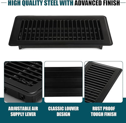 VOISEN Floor Register 4x10, 6 Pack Black Floor Vent Covers, Heavy Duty Steel Walkable Floor Vents,Vent Covers for Home Floor