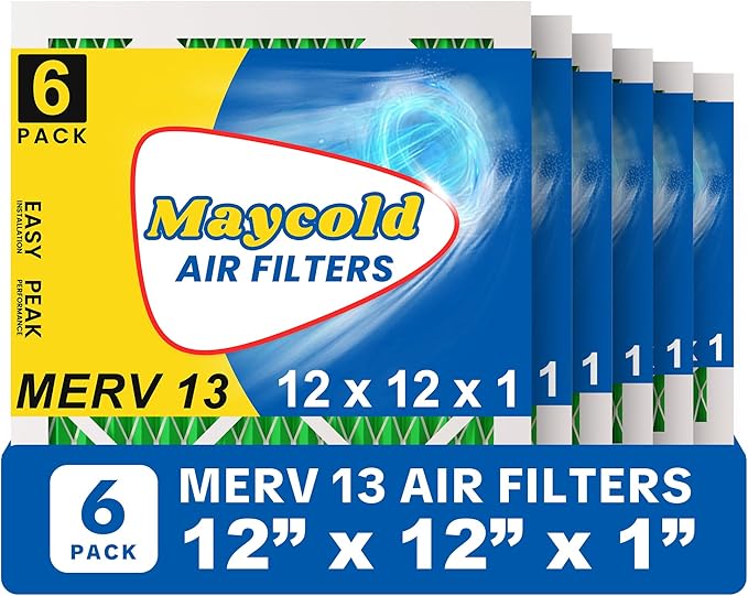 Maycold MERV 13 12x12x1 Air Filter (6-Pack), High-Efficiency Pleated AC & Furnace Filters, Actual Size: 11.70” x11.70” x 0.75”, Individually Wrapped in Plastic