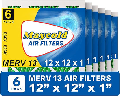 Maycold MERV 13 12x12x1 Air Filter (6-Pack), High-Efficiency Pleated AC & Furnace Filters, Actual Size: 11.70” x11.70” x 0.75”, Individually Wrapped in Plastic