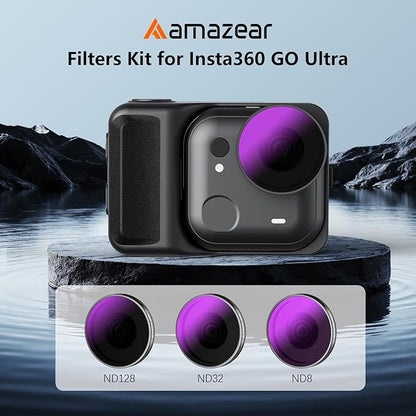 AMAZEAR ND Filters Kit for Insta360 GO Ultra Accessories (3 Pack), Insta 360 ND8 ND32 ND128 Optical Glass Pro Lens Filters with Multi Coating for Cinematic Motion Blur and Light Reduction