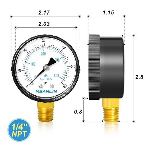 MEANLIN MEASURE 1/4" NPT 0-60Psi 2" FACE DIAL Swimming Pool Water Pressure Gauge Lower Mount, with 1/4" x 1/2" NPT and 1/4" x 3/8" NPT Hex Bushing