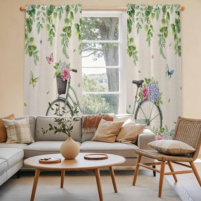 Farmhouse Spring Kitchen Curtains, Retro Bicycles Flowers Vines Butterfly Light Filtering Window Curtain Panels, 2Pcs Rod Pocket Window Treatments Set for Living Room Bathroom Bedroom 52x72 Inches