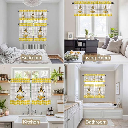 Yellow Gnomes Kitchen Curtains Set 3 Piece for Windows, Rod Pocket Valance and Tier Set 36 Inch Length, Spring Bees Daisy Plaid Wooden Grain Light Filtering Cafe Curtains for Living Room Bathroom