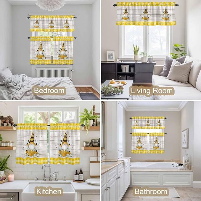 Yellow Gnomes Kitchen Curtains Set 3 Piece for Windows, Rod Pocket Valance and Tier Set 24 Inch Length, Spring Bees Daisy Plaid Wooden Grain Light Filtering Cafe Curtains for Living Room Bathroom