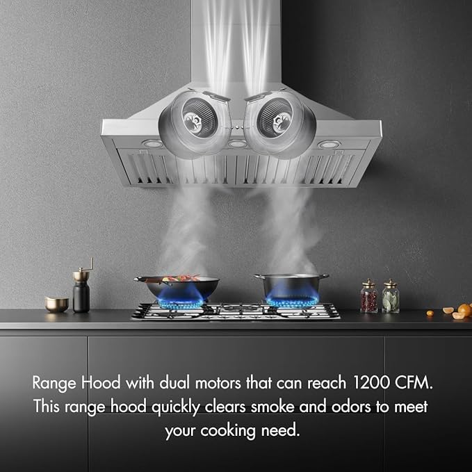 VAV Upgraded 48 inch Wall Mount Range Hood Vent Convertible Dual Motors 1500CFM Stainless Steel for Kitchen 4 Speed Exhaust Fan ETL listed (Upgraded Dual Motors)