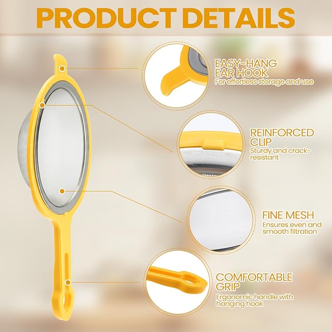 LemonRoad Set of 3 Stainless Steel Mesh Strainer 304 Fine Mesh Filters with Ergonomic Handles and Hanging Ears for Oil Filter Skimming Grease and Foam (Yellow)