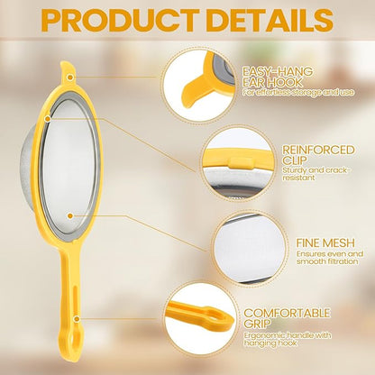LemonRoad Set of 3 Stainless Steel Mesh Strainer 304 Fine Mesh Filters with Ergonomic Handles and Hanging Ears for Oil Filter Skimming Grease and Foam (Yellow)