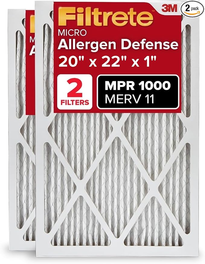 Filtrete 20x22x1 AC Furnace Air Filter, MERV 11, MPR 1000, Micro Allergen Defense, 3-Month Pleated 1-Inch Electrostatic Air Cleaning Filter, 2 Pack (Actual Size 19.81 x 21.81 x 0.81 in)
