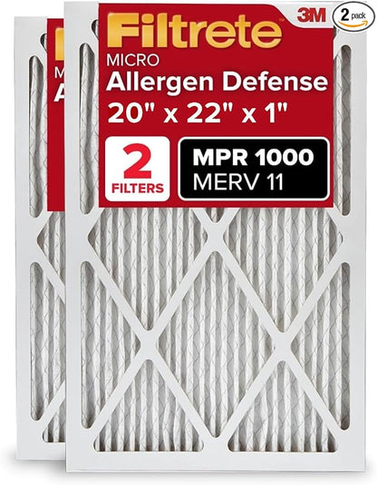 Filtrete 20x22x1 AC Furnace Air Filter, MERV 11, MPR 1000, Micro Allergen Defense, 3-Month Pleated 1-Inch Electrostatic Air Cleaning Filter, 2 Pack (Actual Size 19.81 x 21.81 x 0.81 in)