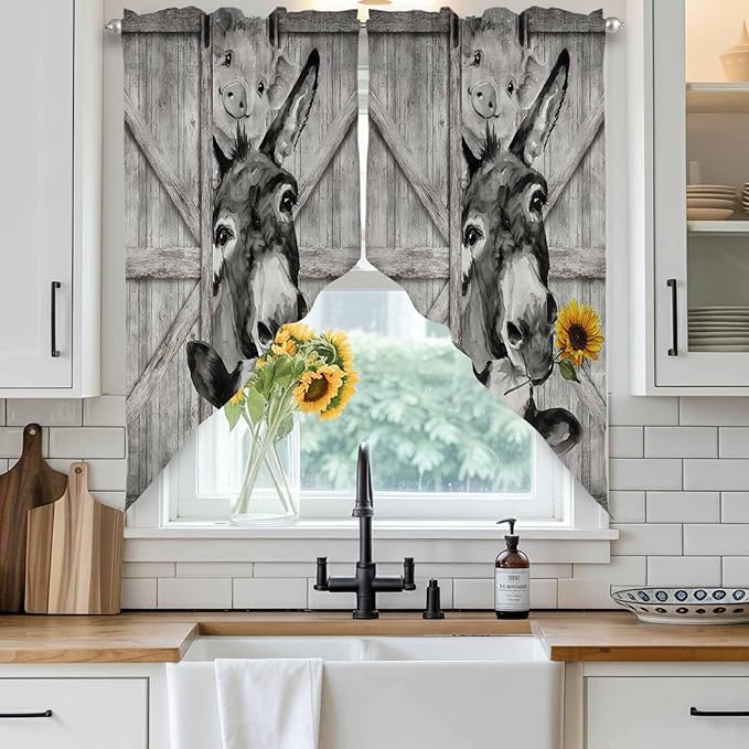 Funny Farm Animals Swag Valances for Windows, Vintage Barn Grey Sunflowers Rod Pocket Kitchen Curtains Valance, Kitchen Window Curtains Swag for Cafe Bathroom Living Room, 2 Panels, 36x63 inch