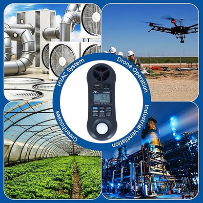 Air Velocity Meter with Temperature, Humidity & Lux Sensors (4 in 1 Anemometer) for Green Houses, AC & Ventilation Ductsby Model: LM-8010
