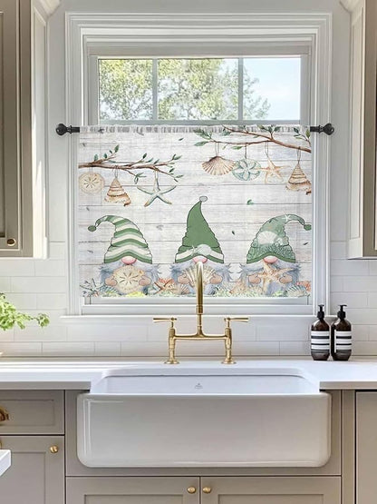 Sheer Curtains 45 Inch Length, Sage Green Gnomes Semi Sheer Curtains Light Filtering Window Treatment, Eucalypus Coastal Anchor Retro Wood Privacy Voile Drapes for Living Room Bedroom 52x45 Inch
