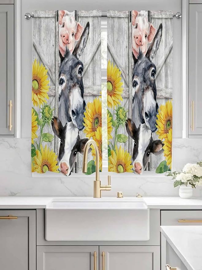 Farmhouse Bedroom Curtains 63 Inches length, Watercolor Sunflowers Animals Printed Wood Grain Window Treatment Curtain Drapes, Rod Pocket Curtain Panels for Living Room Kitchen, 42"x63", 2 Panels