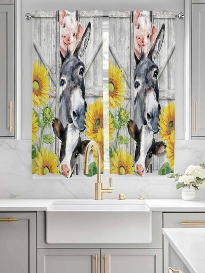 Farmhouse Bedroom Curtains 63 Inches length, Watercolor Sunflowers Animals Printed Wood Grain Window Treatment Curtain Drapes, Rod Pocket Curtain Panels for Living Room Kitchen, 42"x63", 2 Panels