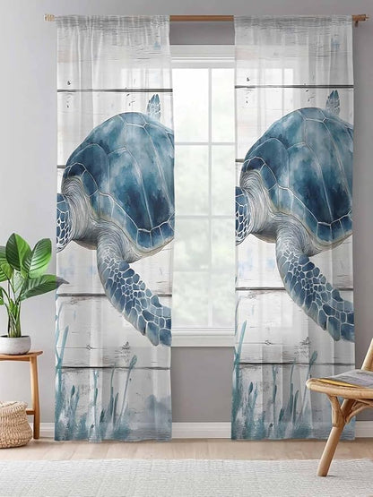 Sheer Curtains 96 Inches Long, Ocean Sea Turtle Semi Sheer Curtains Light Filtering Window Treatment, Coastal Seaweed Vintage Wood Grain Privacy Voile Drapes for Living Room Bedroom 52x96 Inch