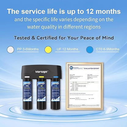 Vortopt Under Sink Water Filter,with PP,UF,and CTO Cartridges for Water Filtration and Drinking Water,F03,Black.