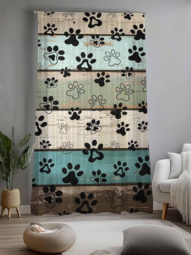 Sheer Curtains 84 Inches Long, Sage Green Brown Paw Prints Semi Sheer Curtains Light Filtering Window Treatment, Vintage Farmhouse Wooden Grain Privacy Voile Drapes for Living Room Bedroom 52x84 Inch