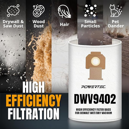 POWERTEC DWV9402 Fleece Bags for Dewalt 5PK, for Dewalt DWV010, DWV012, DWV015 8 & 10 Gallon Dust Extractor, Replacement Shop Vacuum Bags (75029)