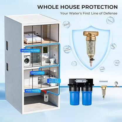 iSpring WSP-50SL Reusable Whole House Spin Down Sediment Water Filter Softener, Includes Siliphos Helps Prevent Scale and Corrosion, 1" MNPT + 3/4" FNPT, 50 Micron