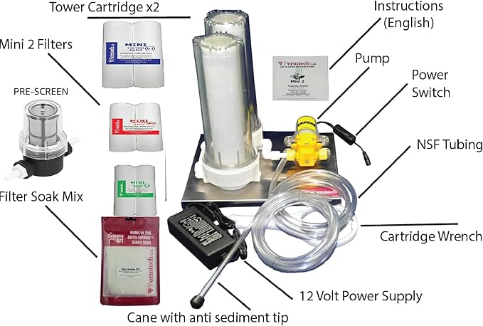 Fermtech Mini 2 Electric Sediment Filter Starter Kit with Pre-Screen, Bundle of Filters. Stainless Steel Wine/Beer/Juice/Kombucha/Liquid Filtering System. Home Pro 10 Inch. Jet Filtration Technology.