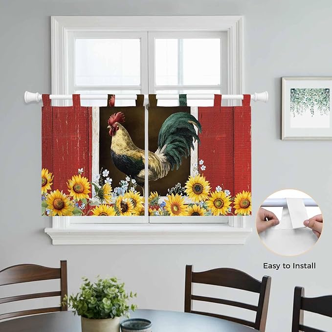 Chicken Sunflowers Kitchen Curtains 24 Inch Length, Small Window Curtains Tab Top, Farmhouse Animals Red Barn Bees Light Filtering Short Window Treatments Tier Drapes 27.5"x24" 2 Panel