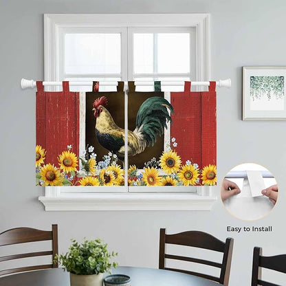Chicken Sunflowers Kitchen Curtains 24 Inch Length, Small Window Curtains Tab Top, Farmhouse Animals Red Barn Bees Light Filtering Short Window Treatments Tier Drapes 27.5"x24" 2 Panel