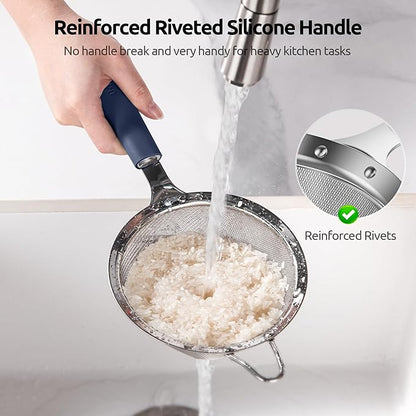 U-Taste Medium Fine Mesh Strainer: 18/8 Stainless Steel 4.73in 30 Mesh Kitchen Food Sieve with Sturdy Riveted Silicone Handle, Heavy Duty Deep Handheld Metal Colander for Rice, Quinoa(Midnight Blue)