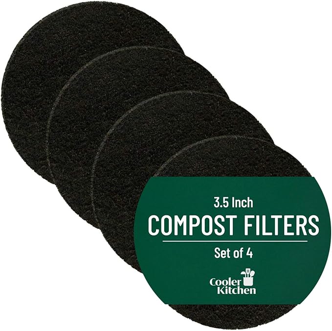 Cooler Kitchen 3.75" - 4 Pack Activated Charcoal Compost Bin Filters - 3.75 Inch Activated Charcoal Filters Replacement Set for Kitchen Recycle Bin - Odor Absorbing Home Countertop Compost Bin Filter