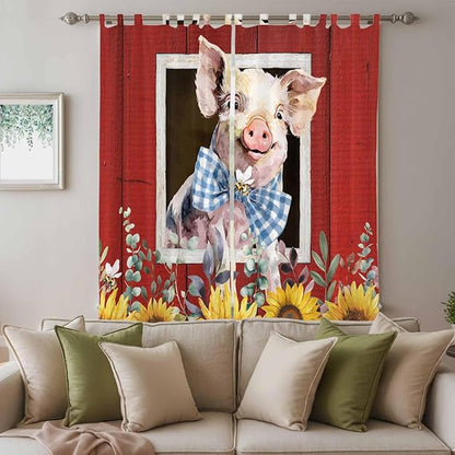 Pig Sunflowers Living Room Curtains 96 Inch Length, Window Curtains Tab Top, Eucalyptus Leaves Floral Bees Red Barn Light Filtering Window Treatments Drapes 52"x96" 2 Panel