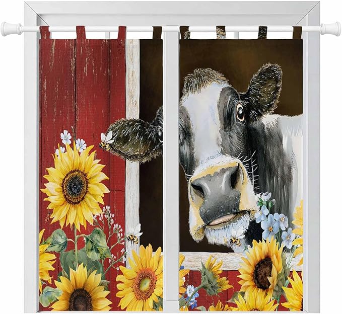 Cows Sunflowers Living Room Curtains 84 Inch Length, Window Curtains Tab Top, Rustic Farms Barns Flowers Bees Animals Light Filtering Window Treatments Drapes 42"x84" 2 Panel