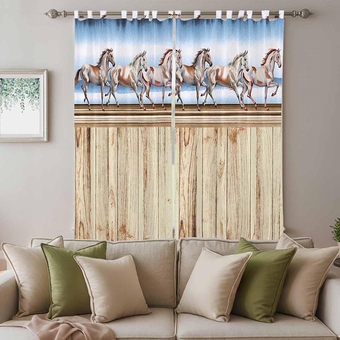 Western Horse Living Room Curtains 96 Inch Length, Window Curtains Tab Top, Farmhouse Wooden Grain Vintage Cowboy Barn Door Light Filtering Window Treatments Drapes 52"x96" 2 Panel