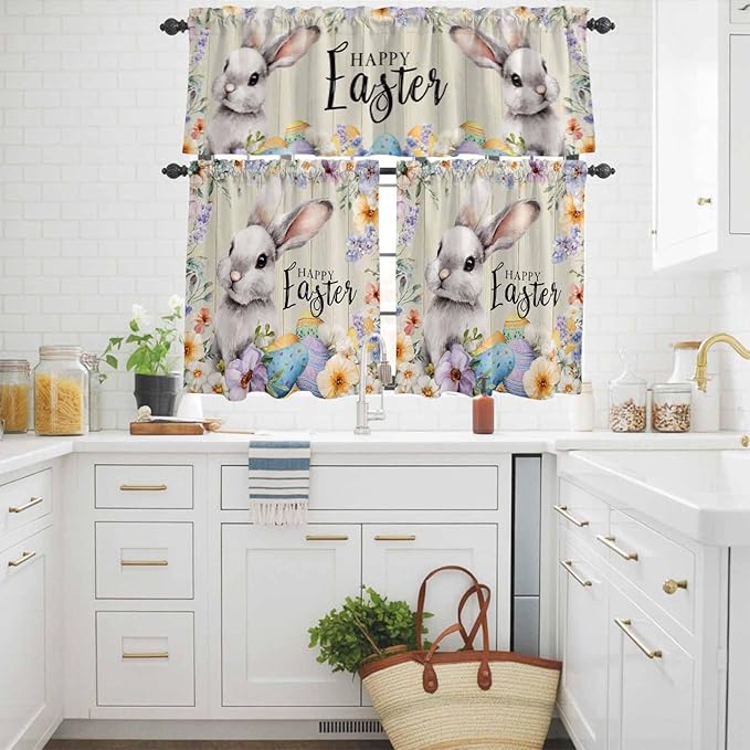 Easter Grey Bunny Kitchen Curtains Set 3 Piece for Windows,Rod Pocket Valance and Tier Set 24 Inch Length,Spring Colorful Eggs Flower Wooden Grain Light Filtering Cafe Curtains for Living Room