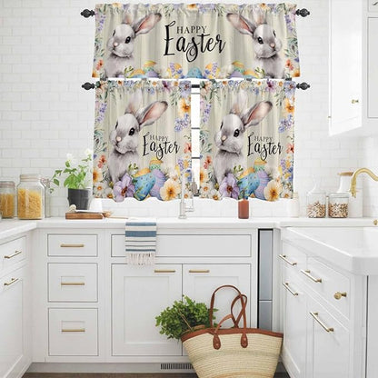 Easter Grey Bunny Kitchen Curtains Set 3 Piece for Windows,Rod Pocket Valance and Tier Set 24 Inch Length,Spring Colorful Eggs Flower Wooden Grain Light Filtering Cafe Curtains for Living Room