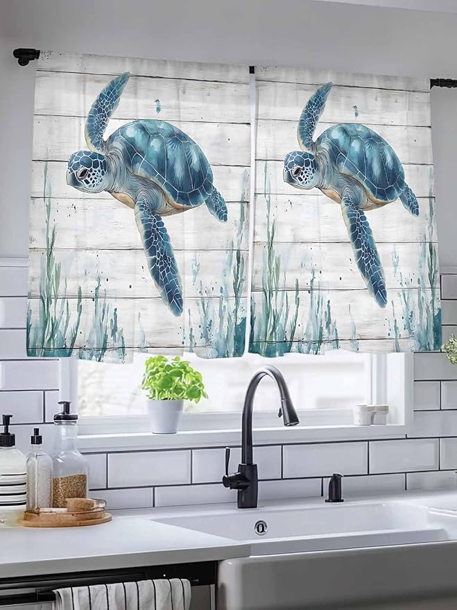 Sheer Curtains 45 Inch Length, Teal Green Ocean Turtle Semi Sheer Curtains Light Filtering Window Treatment, Coastal Seaweed Wood Grain Privacy Voile Drapes for Living Room Bedroom 52x45 Inch