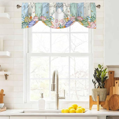 Easter Tie Up Valance Curtains for Windows, Kitchen Curtains Window Shades, Spring Rabbit Ears Foot Flowers Eggs Green Wooden Light Filtering Roman Curtain Valances for Bedroom/Bathroom/Cafe 42"x18"